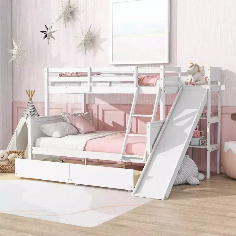 Letto a castello Twin su Full con 2 cassetti e mensole per bambini, letto a castello in legno con scaletta e scivolo