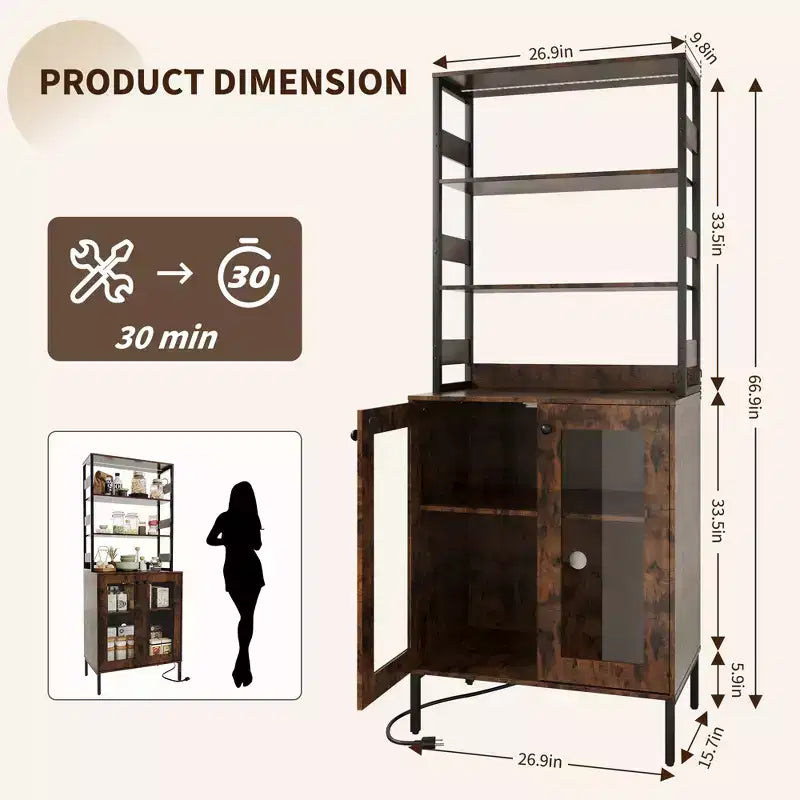 66.9 Mobiletto da cucina con presa di corrente, Armadietto dispensa con luci a LED, Carrello bar con anta in vetro per sala da pranzo, soggiorno