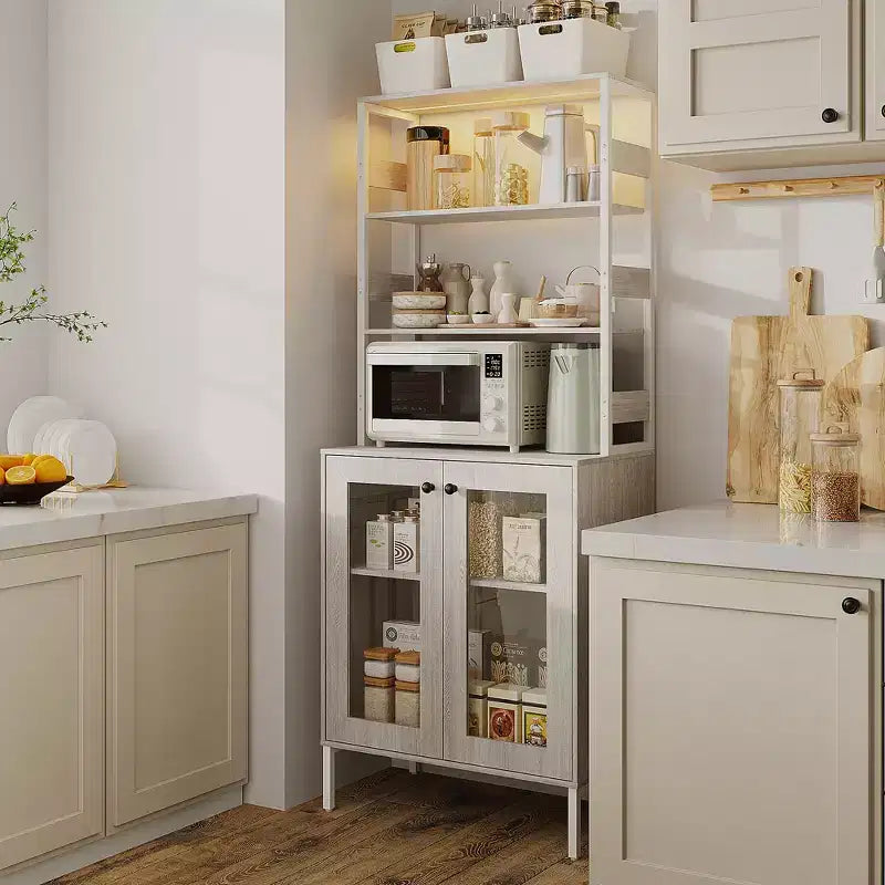 66.9 Mobiletto da cucina con presa di corrente, Armadietto dispensa con luci a LED, Carrello bar con anta in vetro per sala da pranzo, soggiorno