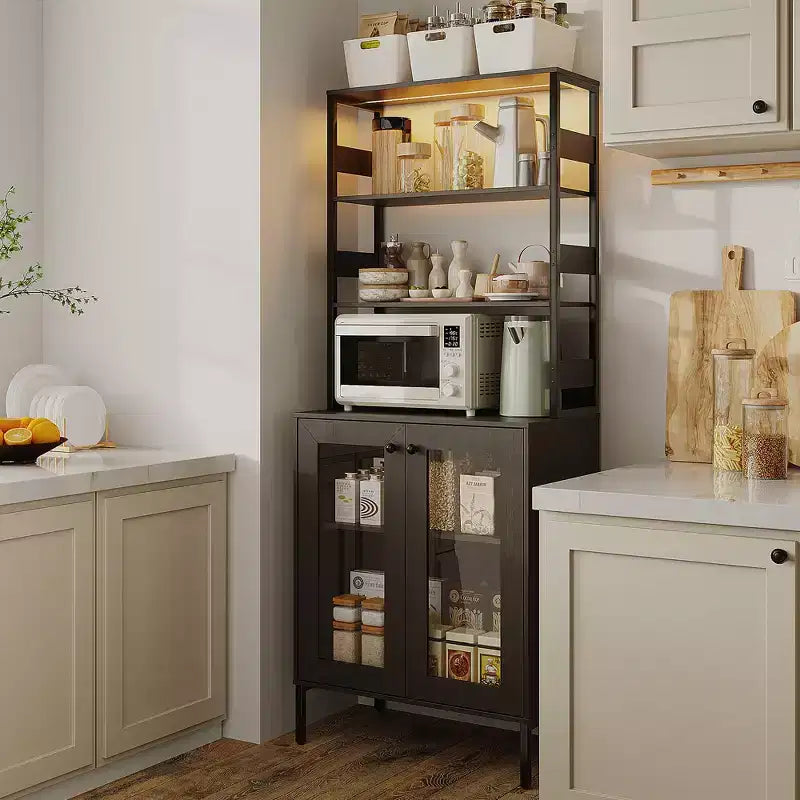66.9 Mobiletto da cucina con presa di corrente, Armadietto dispensa con luci a LED, Carrello bar con anta in vetro per sala da pranzo, soggiorno