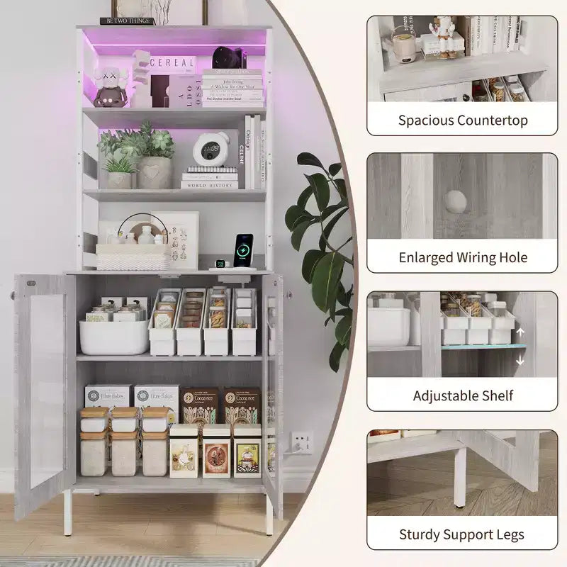 66.9 Mobiletto da cucina con presa di corrente, Armadietto dispensa con luci a LED, Carrello bar con anta in vetro per sala da pranzo, soggiorno
