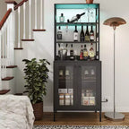 66.9 Mobiletto da cucina con presa di corrente, Armadietto dispensa con luci a LED, Carrello bar con anta in vetro per sala da pranzo, soggiorno