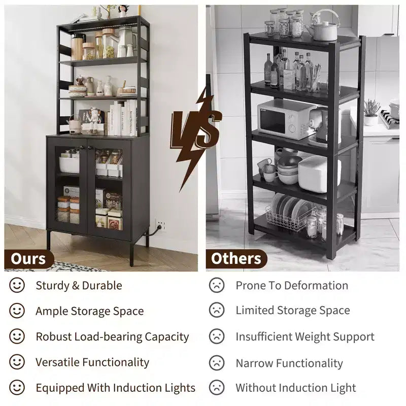 66.9 Mobiletto da cucina con presa di corrente, Armadietto dispensa con luci a LED, Carrello bar con anta in vetro per sala da pranzo, soggiorno