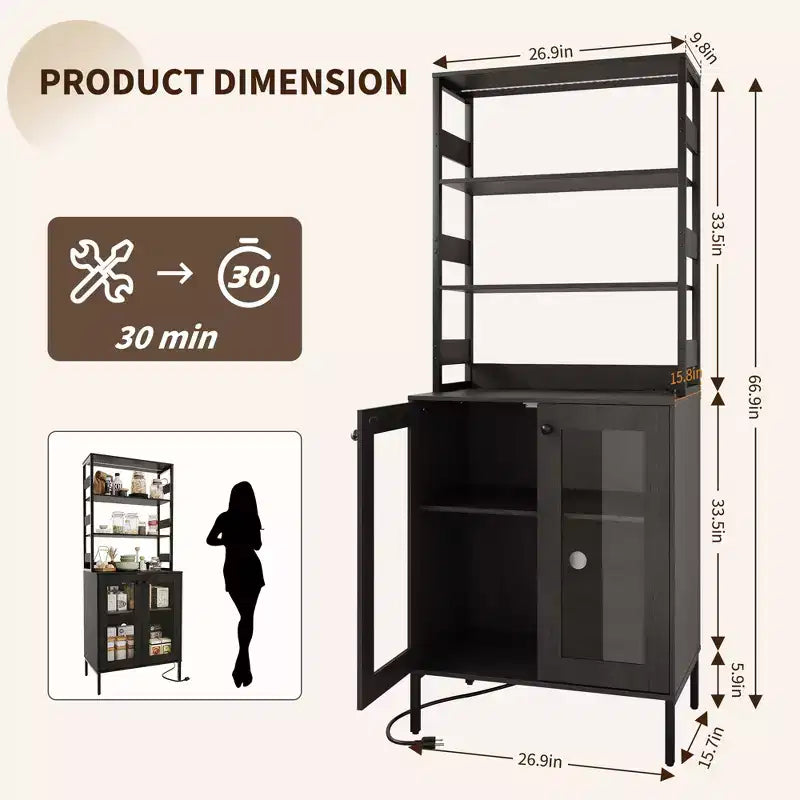 66.9 Mobiletto da cucina con presa di corrente, Armadietto dispensa con luci a LED, Carrello bar con anta in vetro per sala da pranzo, soggiorno