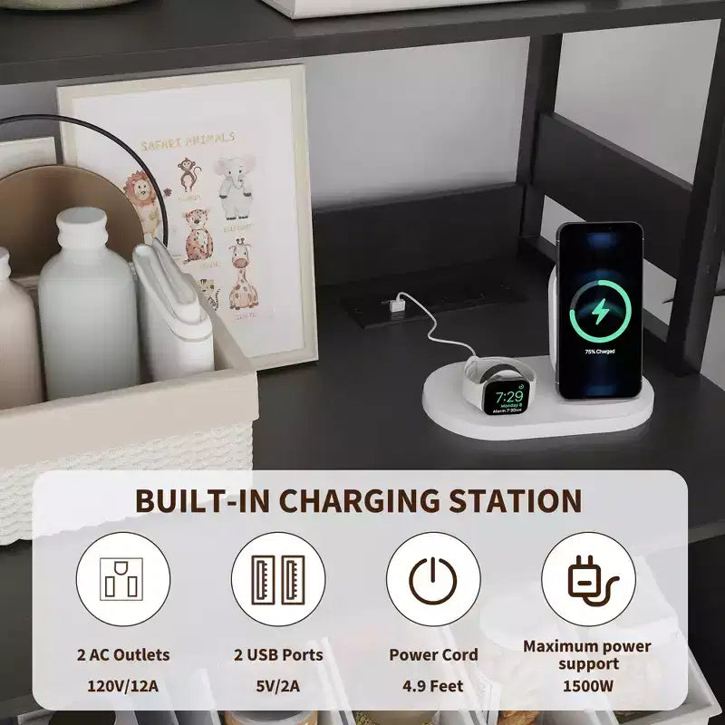 66.9 Mobiletto da cucina con presa di corrente, Armadietto dispensa con luci a LED, Carrello bar con anta in vetro per sala da pranzo, soggiorno