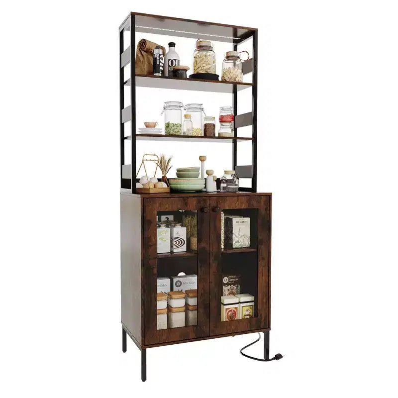 66.9 Mobiletto da cucina con presa di corrente, Armadietto dispensa con luci a LED, Carrello bar con anta in vetro per sala da pranzo, soggiorno