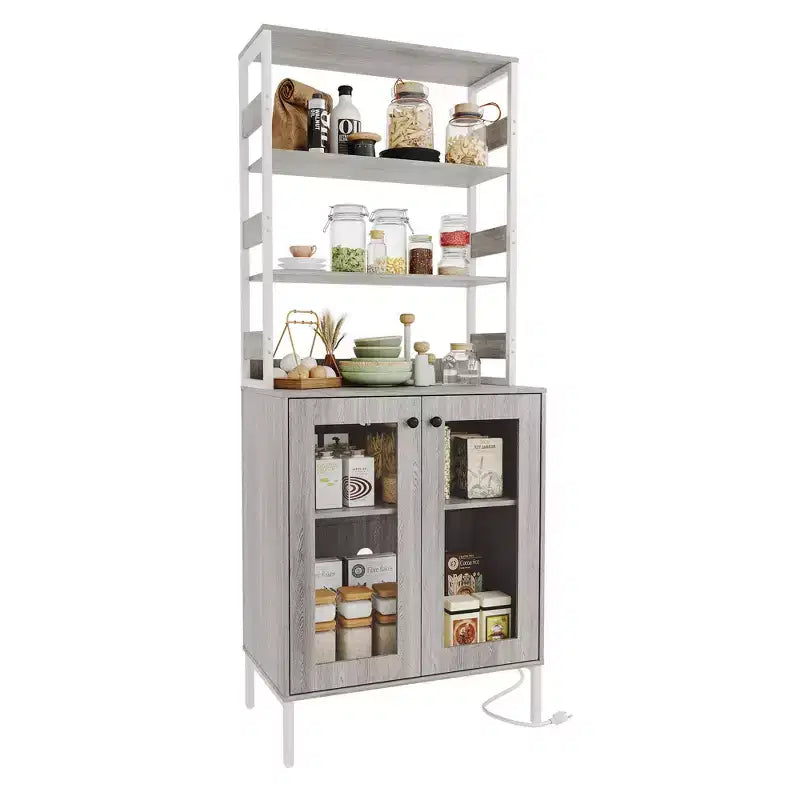 66.9 Mobiletto da cucina con presa di corrente, Armadietto dispensa con luci a LED, Carrello bar con anta in vetro per sala da pranzo, soggiorno