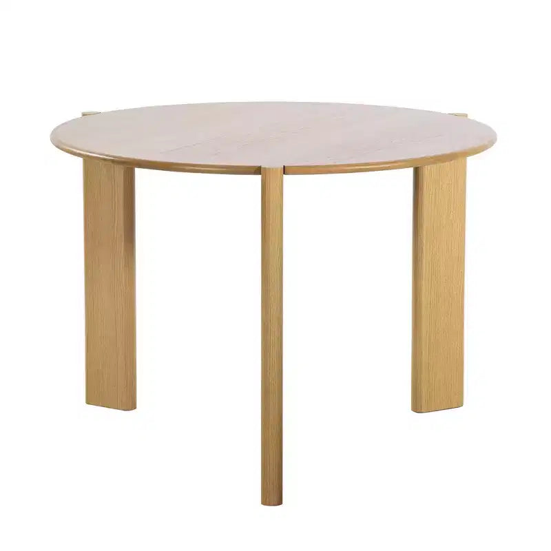 Tavolo da pranzo rustico in legno massello con piano rotondo effetto legno e base a croce per sale da pranzo moderne e riunioni di famiglia