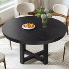 Tavolo da pranzo rustico in legno massello con piano rotondo effetto legno e base a croce per sale da pranzo moderne e riunioni di famiglia