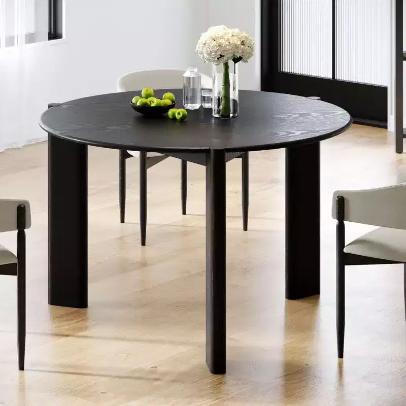 Tavolo da pranzo rustico in legno massello con piano rotondo effetto legno e base a croce per sale da pranzo moderne e riunioni di famiglia