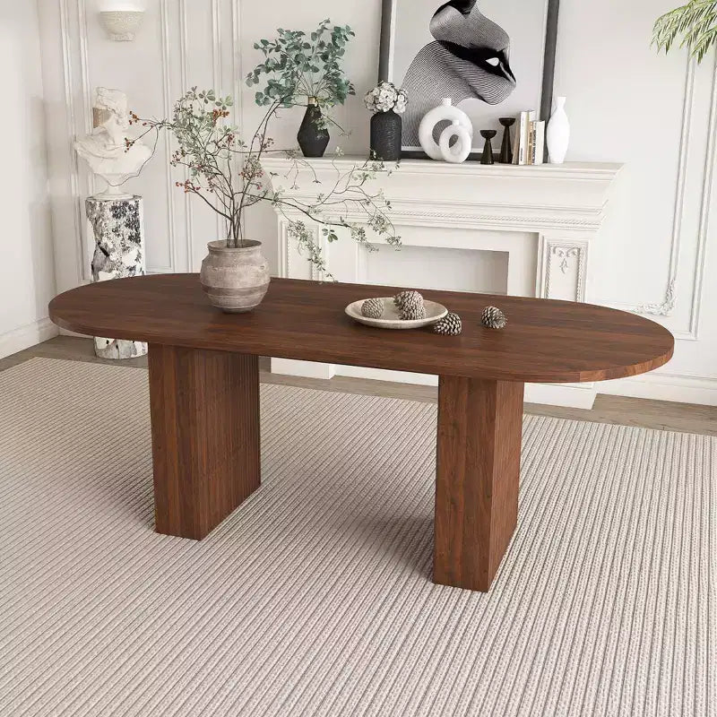 Tavolo da pranzo ovale da 62,9 pollici per 6 persone con piano in MDF impiallacciato noce e base in MDF, tavolo da pranzo moderno in stile rustico con superficie impermeabile e resistente ai graffi