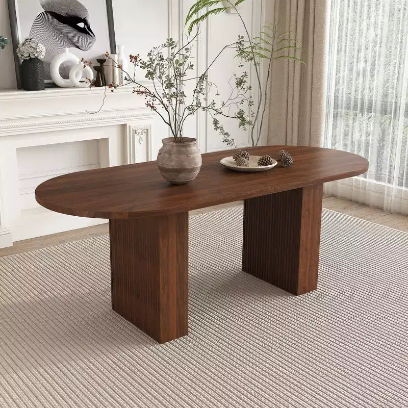 Tavolo da pranzo ovale da 62,9 pollici per 6 persone con piano in MDF impiallacciato noce e base in MDF, tavolo da pranzo moderno in stile rustico con superficie impermeabile e resistente ai graffi