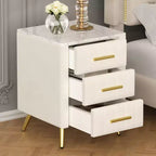 Comodini moderni imbottiti con cassetto, piano in finto marmo e gambe in metallo dorato, eleganti tavolini da notte per camera da letto o divano