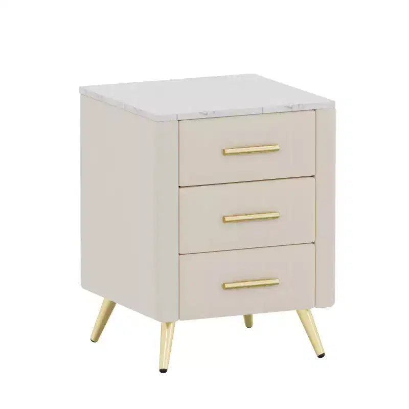 Comodini moderni imbottiti con cassetto, piano in finto marmo e gambe in metallo dorato, eleganti tavolini da notte per camera da letto o divano