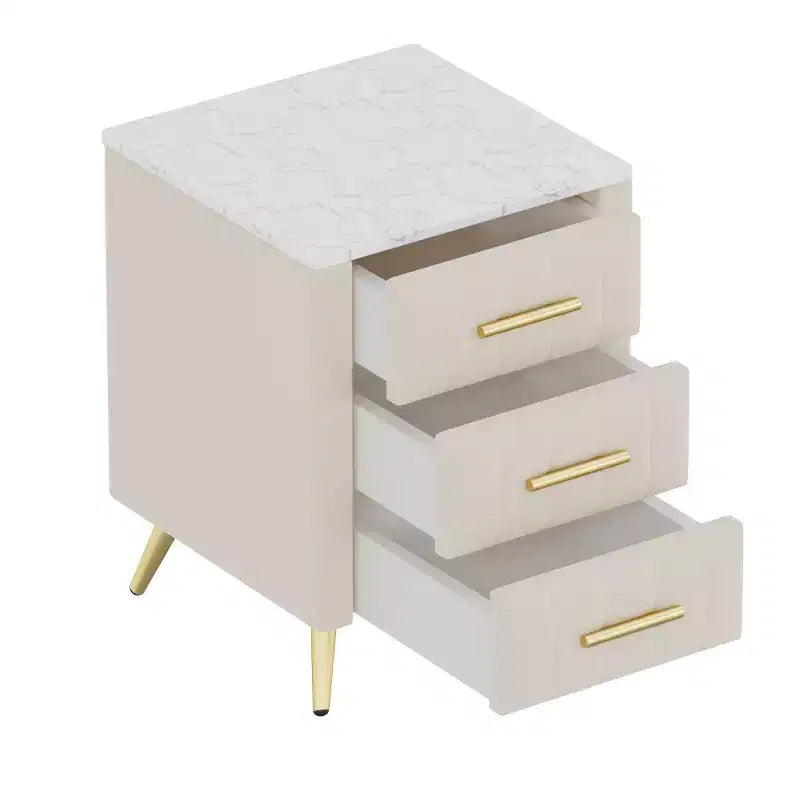 Comodini moderni imbottiti con cassetto, piano in finto marmo e gambe in metallo dorato, eleganti tavolini da notte per camera da letto o divano