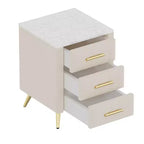 Comodini moderni imbottiti con cassetto, piano in finto marmo e gambe in metallo dorato, eleganti tavolini da notte per camera da letto o divano