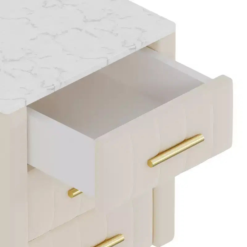 Comodini moderni imbottiti con cassetto, piano in finto marmo e gambe in metallo dorato, eleganti tavolini da notte per camera da letto o divano