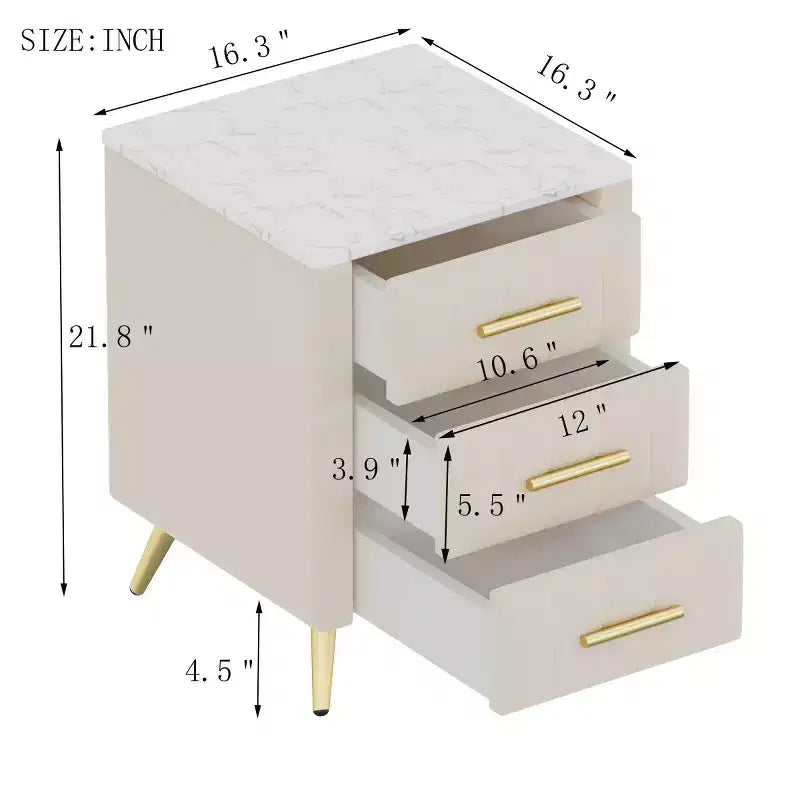 Comodini moderni imbottiti con cassetto, piano in finto marmo e gambe in metallo dorato, eleganti tavolini da notte per camera da letto o divano