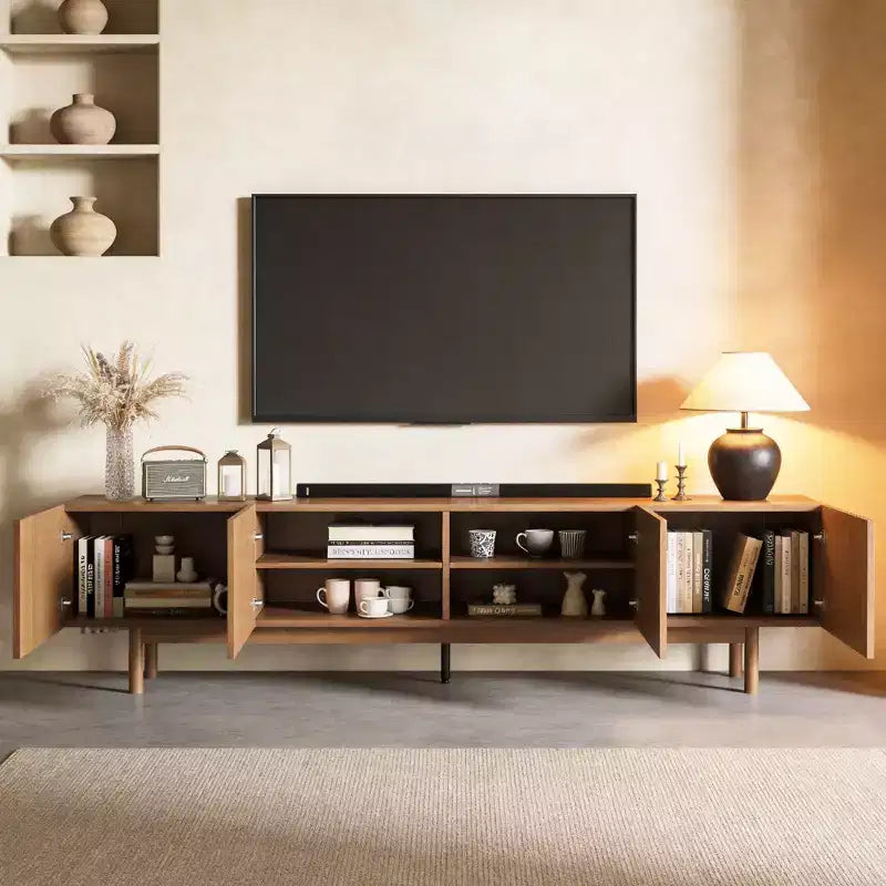 Mobile TV in Legno Extra Lungo da 86,6 Pollici per TV da 90 Pollici, Credenza Multimediale con Ante a Lamelle e Ripiani Rimovibili, Noce