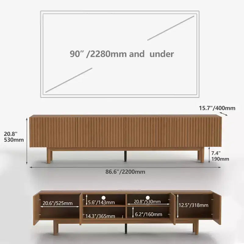 Mobile TV in Legno Extra Lungo da 86,6 Pollici per TV da 90 Pollici, Credenza Multimediale con Ante a Lamelle e Ripiani Rimovibili, Noce