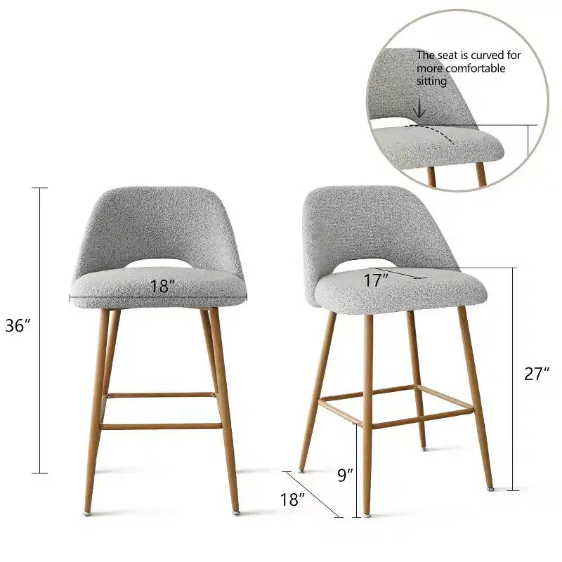 Set di 2 sgabelli da bar in boucle altezza bancone, 27 sedie moderne imbottite per isola cucina con gambe in metallo finitura legno