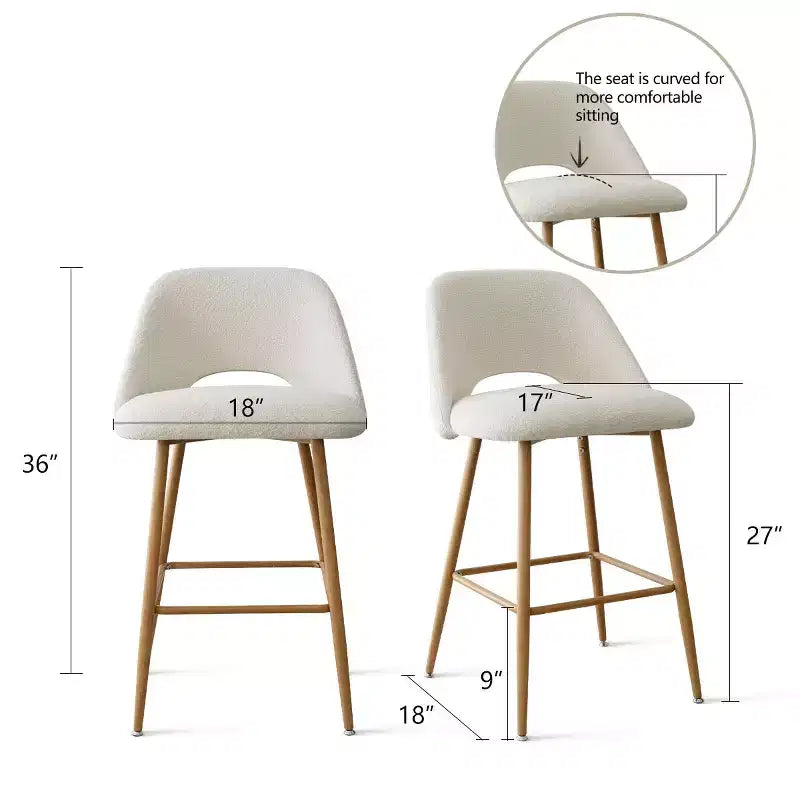 Set di 2 sgabelli da bar in boucle altezza bancone, 27 sedie moderne imbottite per isola cucina con gambe in metallo finitura legno