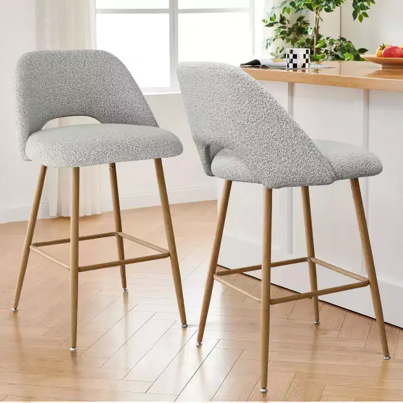 Set di 2 sgabelli da bar in boucle altezza bancone, 27 sedie moderne imbottite per isola cucina con gambe in metallo finitura legno