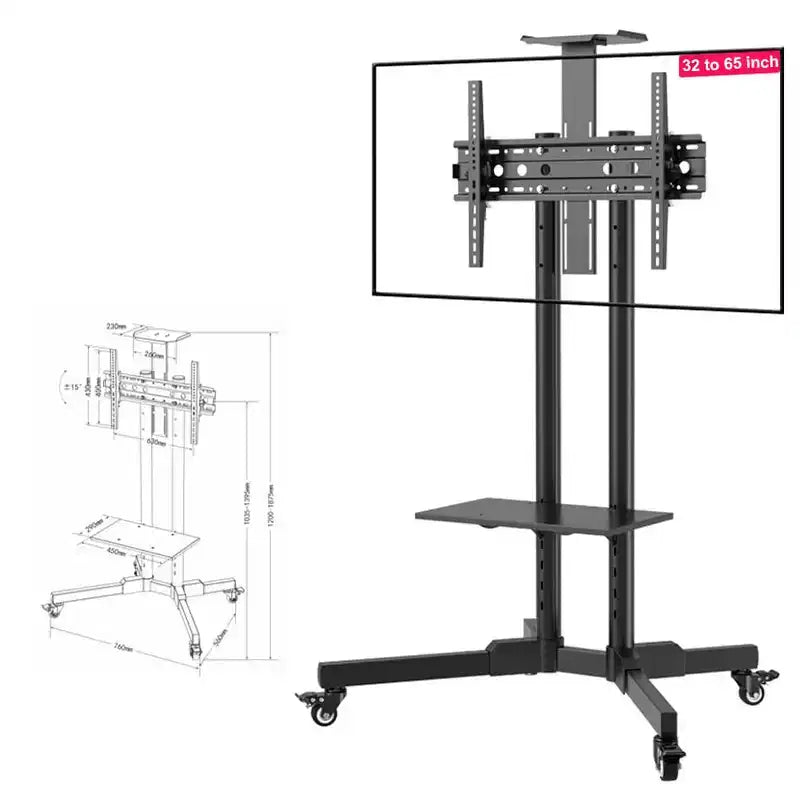 Carrello TV Mobile con Ruote, Supporta TV da 32-65 pollici fino a 50 kg, Regolabile in Altezza, Nero