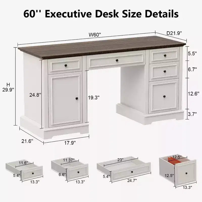 Scrivania direzionale da 60 pollici in stile rustico per ufficio domestico - Scrivania in legno con cassetti, armadietto contenitore, scrivania rustica per ufficio e studio