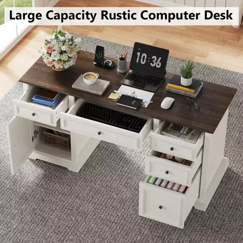 Scrivania direzionale da 60 pollici in stile rustico per ufficio domestico - Scrivania in legno con cassetti, armadietto contenitore, scrivania rustica per ufficio e studio