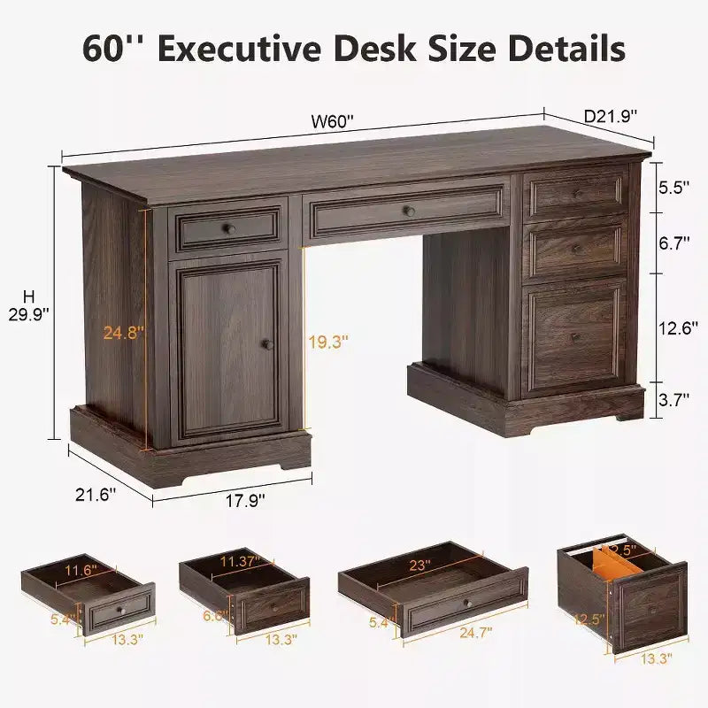 Scrivania direzionale da 60 pollici in stile rustico per ufficio domestico - Scrivania in legno con cassetti, armadietto contenitore, scrivania rustica per ufficio e studio