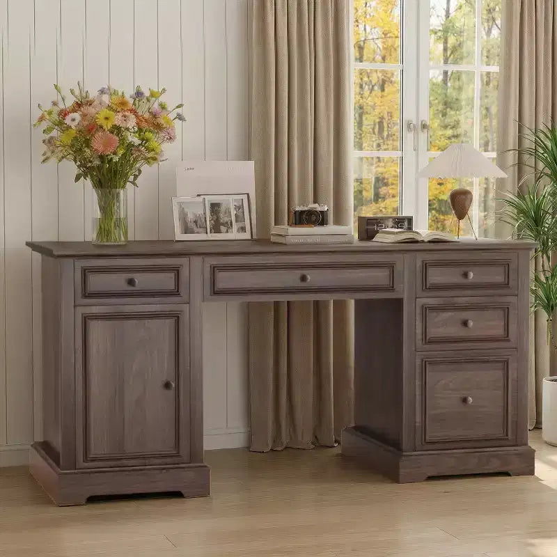 Scrivania direzionale da 60 pollici in stile rustico per ufficio domestico - Scrivania in legno con cassetti, armadietto contenitore, scrivania rustica per ufficio e studio