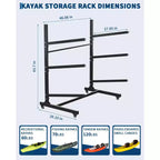 Porta Kayak Rinforzato per 3 Kayak, Porta Kayak Autoportante a 3 Strati con Ruote e Cinghie per Appendere