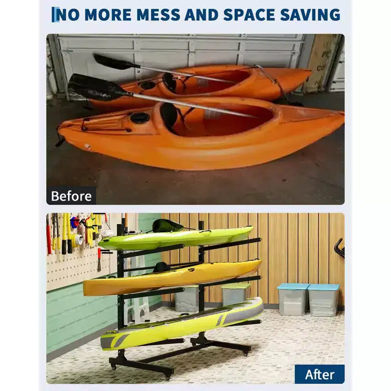 Porta Kayak Rinforzato per 3 Kayak, Porta Kayak Autoportante a 3 Strati con Ruote e Cinghie per Appendere