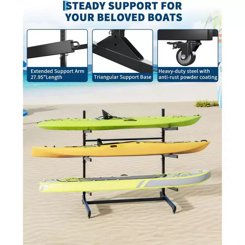 Porta Kayak Rinforzato per 3 Kayak, Porta Kayak Autoportante a 3 Strati con Ruote e Cinghie per Appendere