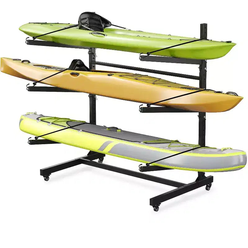 Porta Kayak Rinforzato per 3 Kayak, Porta Kayak Autoportante a 3 Strati con Ruote e Cinghie per Appendere