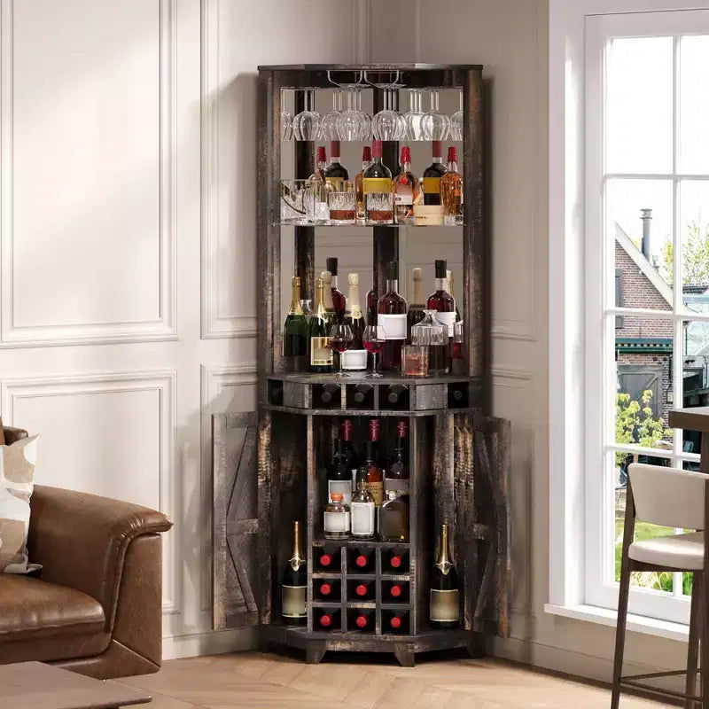 Mobile angolare bar con portabottiglie, mobile portavini alto 72 con specchio acrilico e portabicchieri, vetrinetta in legno per liquori per sala da pranzo e cucina