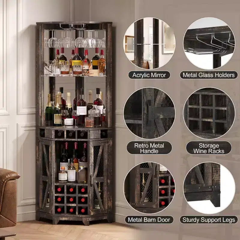 Mobile angolare bar con portabottiglie, mobile portavini alto 72 con specchio acrilico e portabicchieri, vetrinetta in legno per liquori per sala da pranzo e cucina