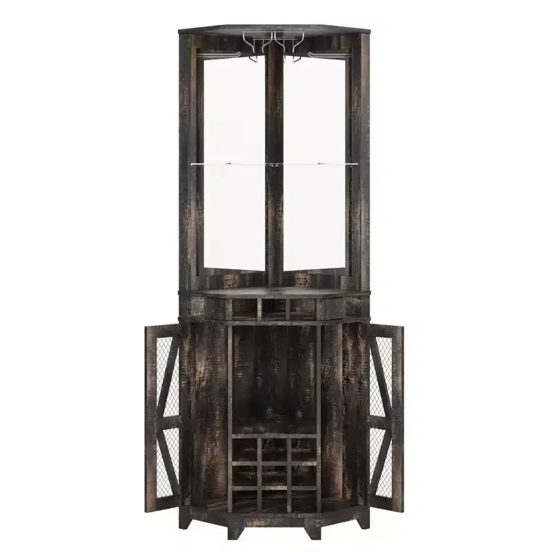 Mobile angolare bar con portabottiglie, mobile portavini alto 72 con specchio acrilico e portabicchieri, vetrinetta in legno per liquori per sala da pranzo e cucina