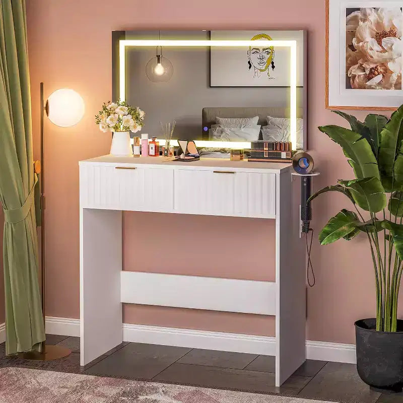 Toeletta da trucco da 51 pollici con specchio illuminato e luci regolabili - Tavolo da trucco in legno naturale per camera da letto