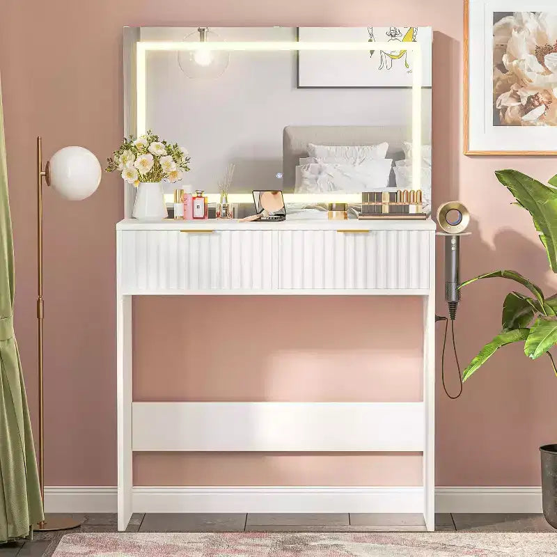 Toeletta da trucco da 51 pollici con specchio illuminato e luci regolabili - Tavolo da trucco in legno naturale per camera da letto