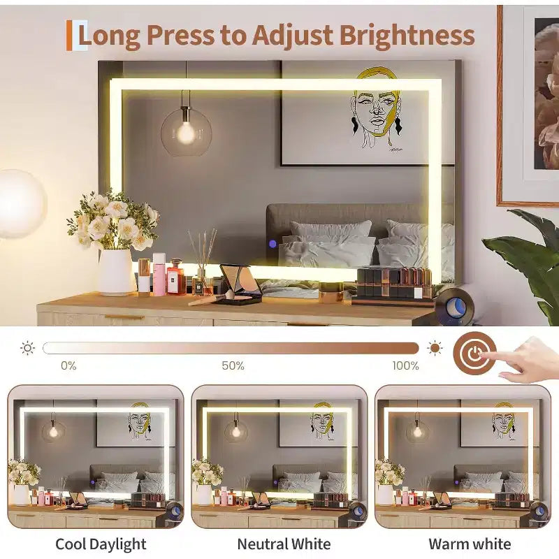Toeletta da trucco da 51 pollici con specchio illuminato e luci regolabili - Tavolo da trucco in legno naturale per camera da letto