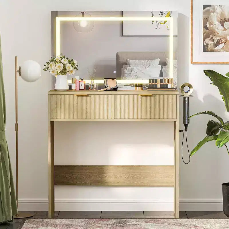 Toeletta da trucco da 51 pollici con specchio illuminato e luci regolabili - Tavolo da trucco in legno naturale per camera da letto