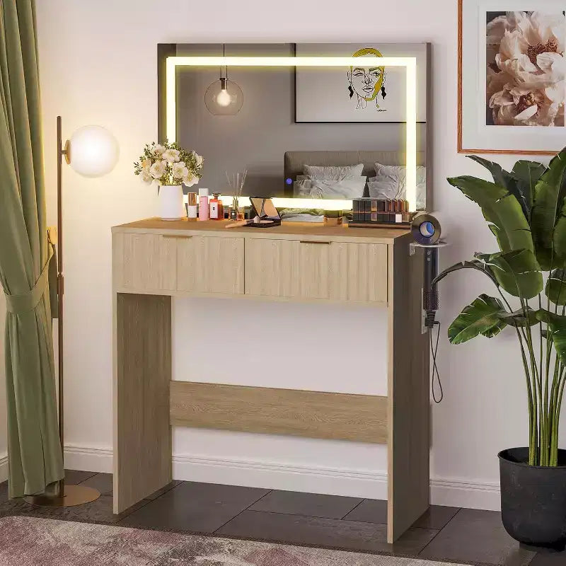 Toeletta da trucco da 51 pollici con specchio illuminato e luci regolabili - Tavolo da trucco in legno naturale per camera da letto