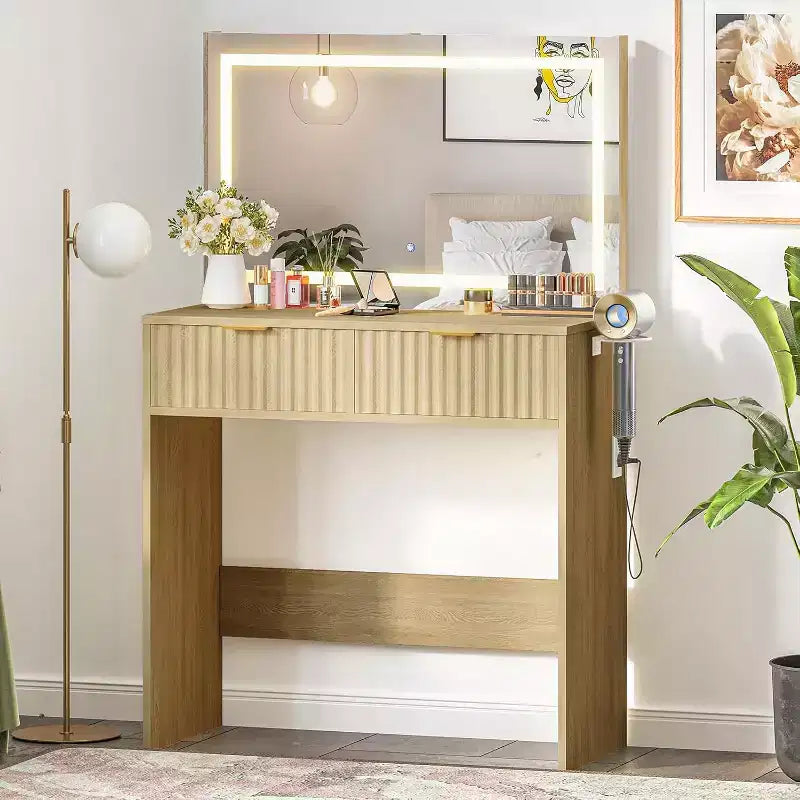 Toeletta da trucco da 51 pollici con specchio illuminato e luci regolabili - Tavolo da trucco in legno naturale per camera da letto