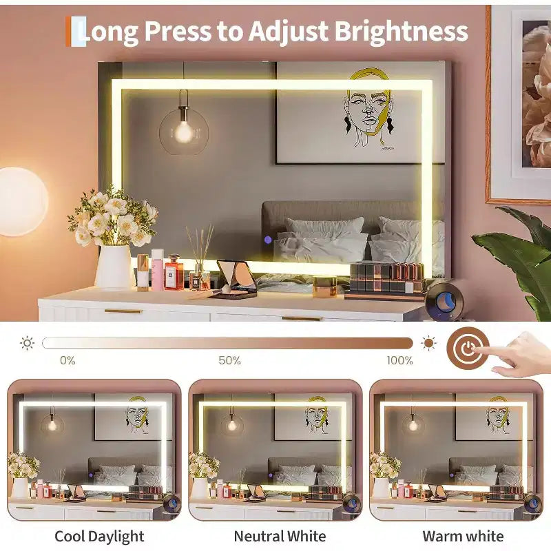 Toeletta da trucco da 51 pollici con specchio illuminato e luci regolabili - Tavolo da trucco in legno naturale per camera da letto