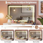Toeletta da trucco da 51 pollici con specchio illuminato e luci regolabili - Tavolo da trucco in legno naturale per camera da letto