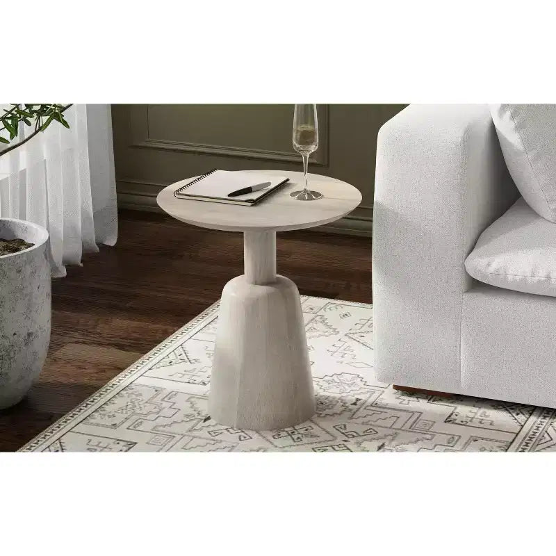 Tavolino rotondo contemporaneo Kessler in legno massello di mango, larghezza 45 cm, finitura sbiancata, completamente assemblato