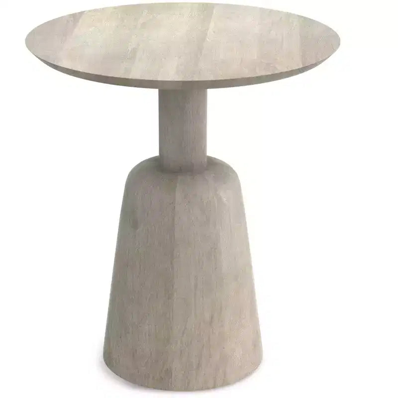 Tavolino rotondo contemporaneo Kessler in legno massello di mango, larghezza 45 cm, finitura sbiancata, completamente assemblato