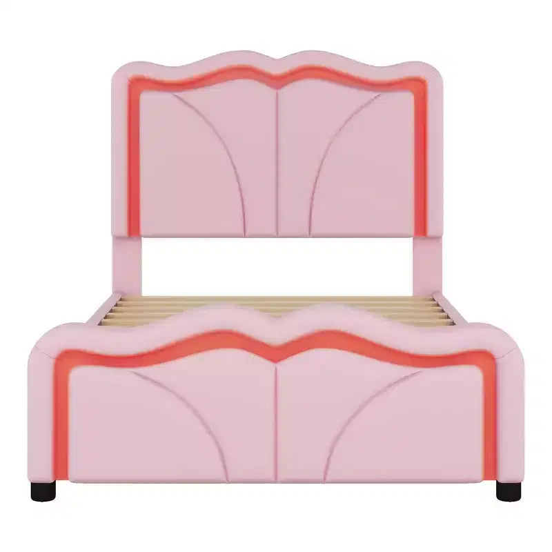 Letto a piattaforma imbottito in PU con testiera regolabile in altezza per la cameretta dei bambini, rosa